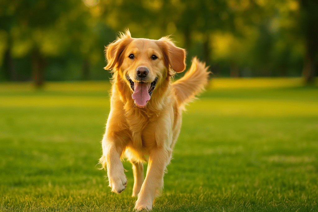 Golden Retriever running happily in a sunny park, healthy and active dog exercise