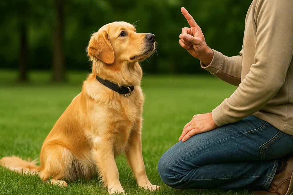 Golden Retriever training with owner, learning sit and stay commands outdoors