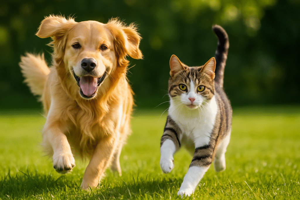 "Healthy dog and cat playing together on a green lawn, symbolizing active lifestyle."