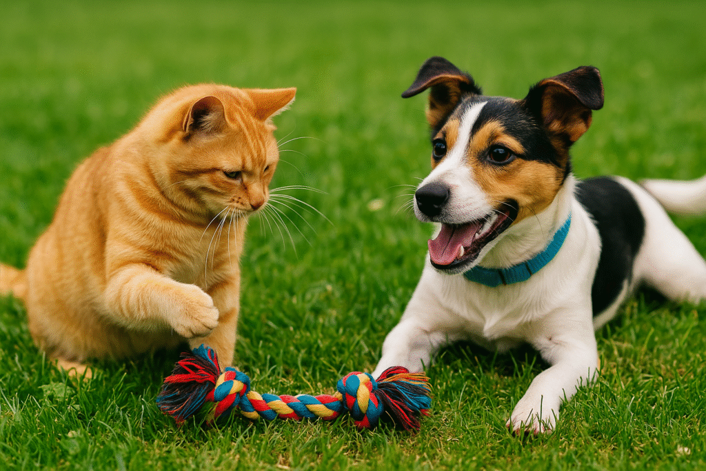 "Dog and cat playing with toys indoors, showcasing exercise for preventing obesity."