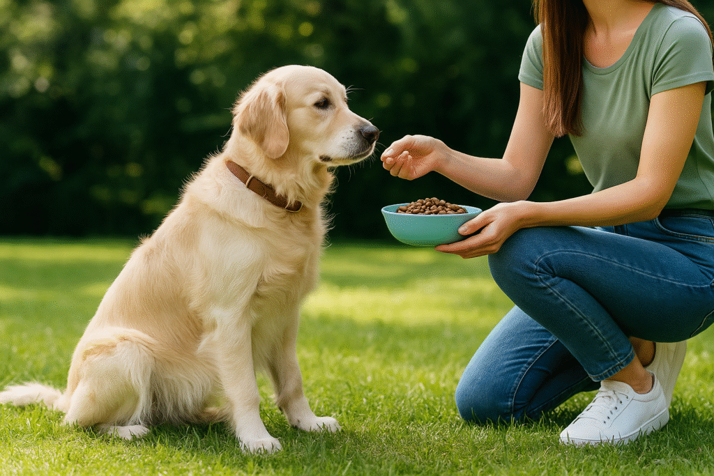 "Owner serving nutritious dry food to a dog in a bowl, emphasizing balanced diet."