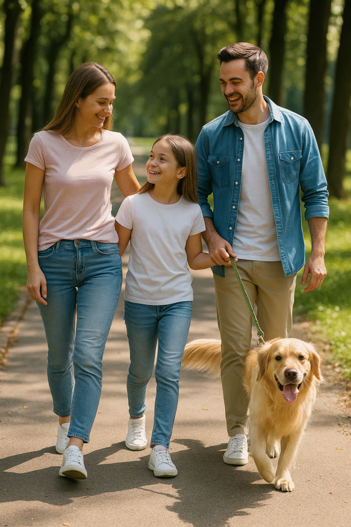 "A young family feeding a Golden Retriever with healthy dog food in their backyard, highlighting care and nutrition."