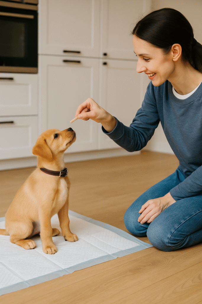 "A golden retriever puppy sitting calmly on a pee pad in a bright kitchen floor, symbolizing house training."