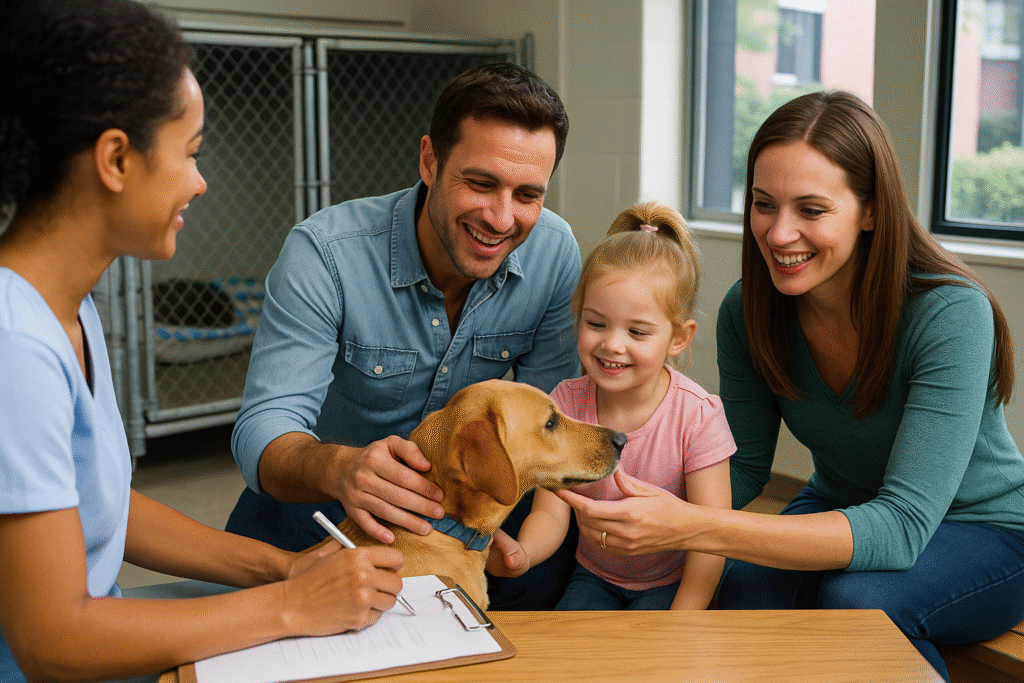 “A family meeting their adopted dog for the first time at the shelter, filled with excitement and joy.”