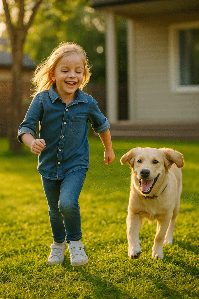 “A happy child playing with their newly adopted dog in the backyard, enjoying a joyful forever home.”