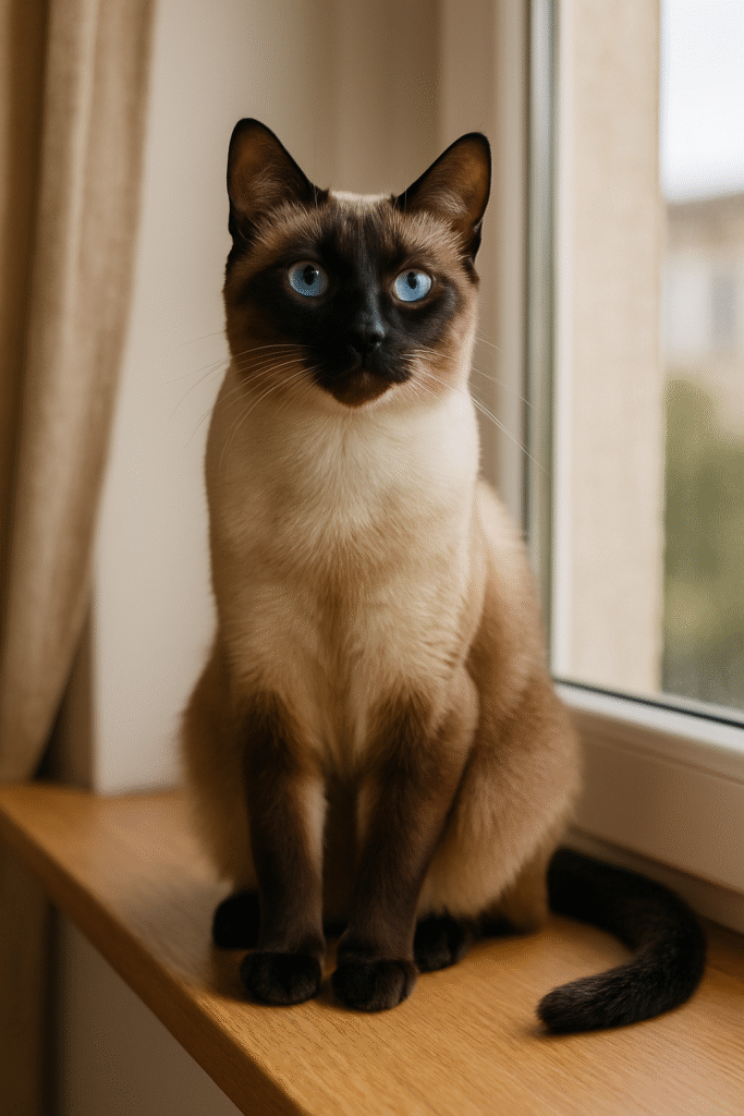 “A Siamese cat being gently groomed by its owner with a brush.”