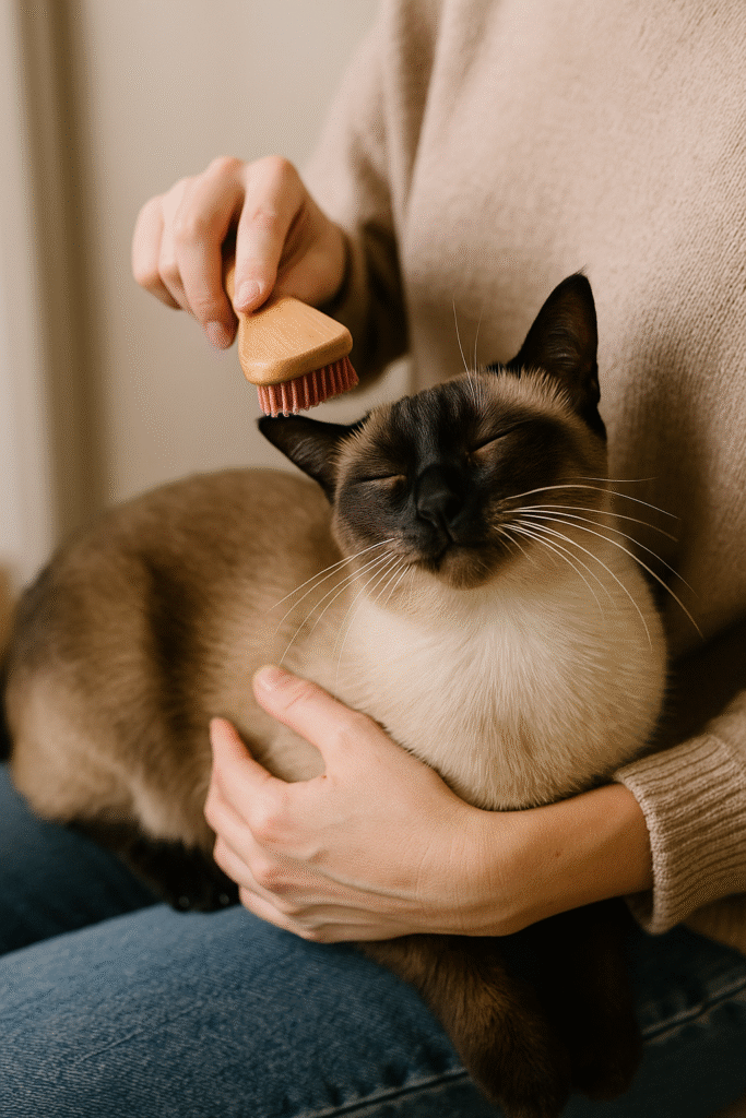 “A Siamese cat being gently groomed by its owner with a brush.”