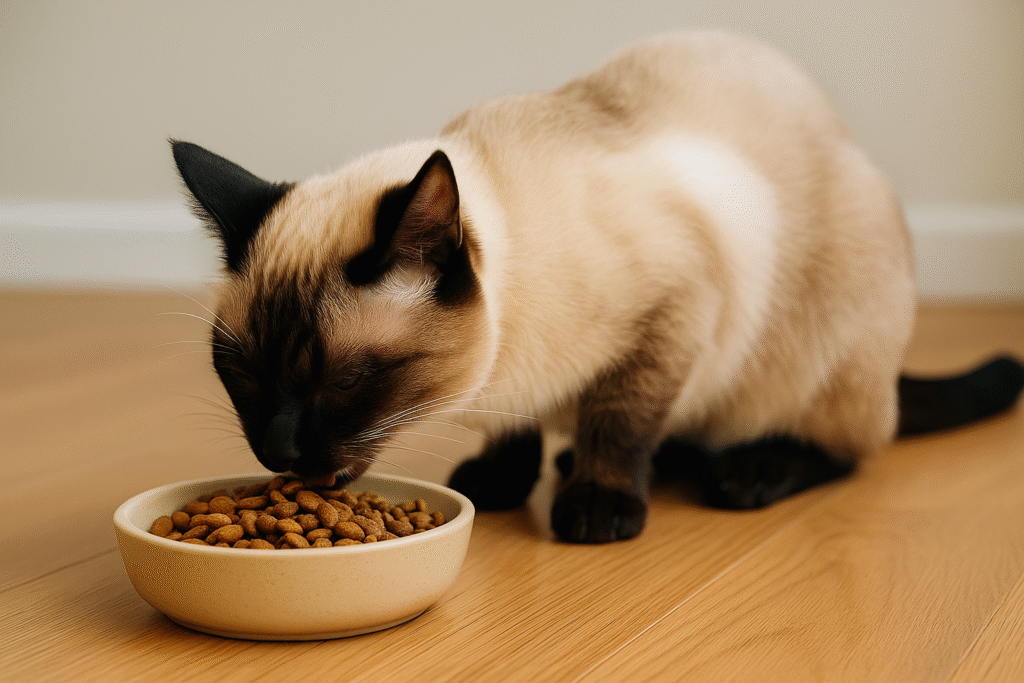 “A Siamese cat eating healthy dry food from a bowl.”