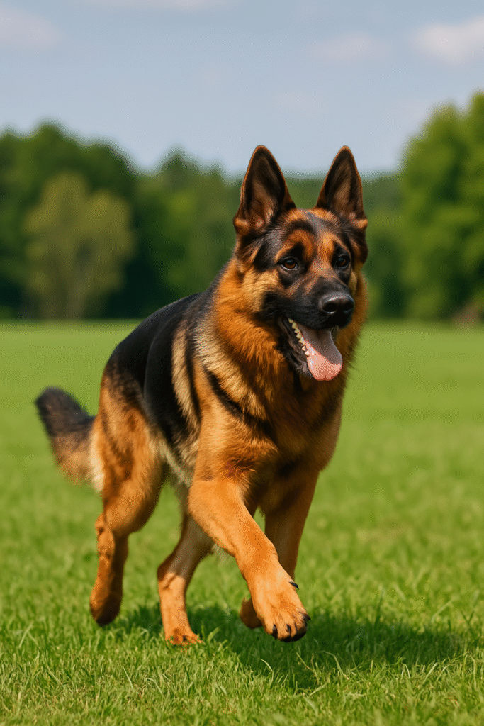 “A German Shepherd running freely in a green field, showcasing its strength and energy.”