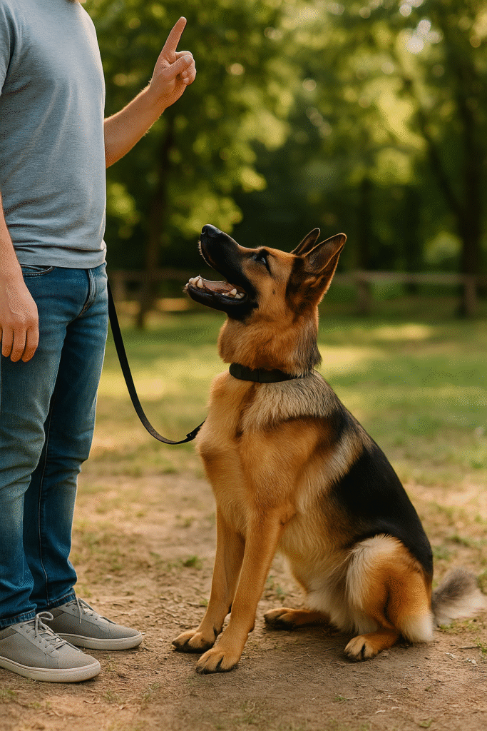 “A German Shepherd being trained to sit by its owner using positive reinforcement.”