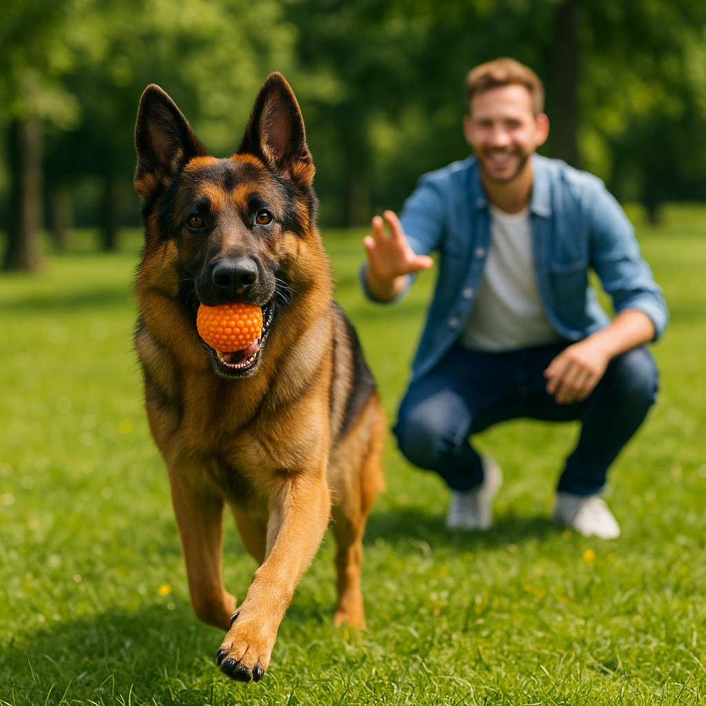 “A German Shepherd playing fetch with its owner in a park.”