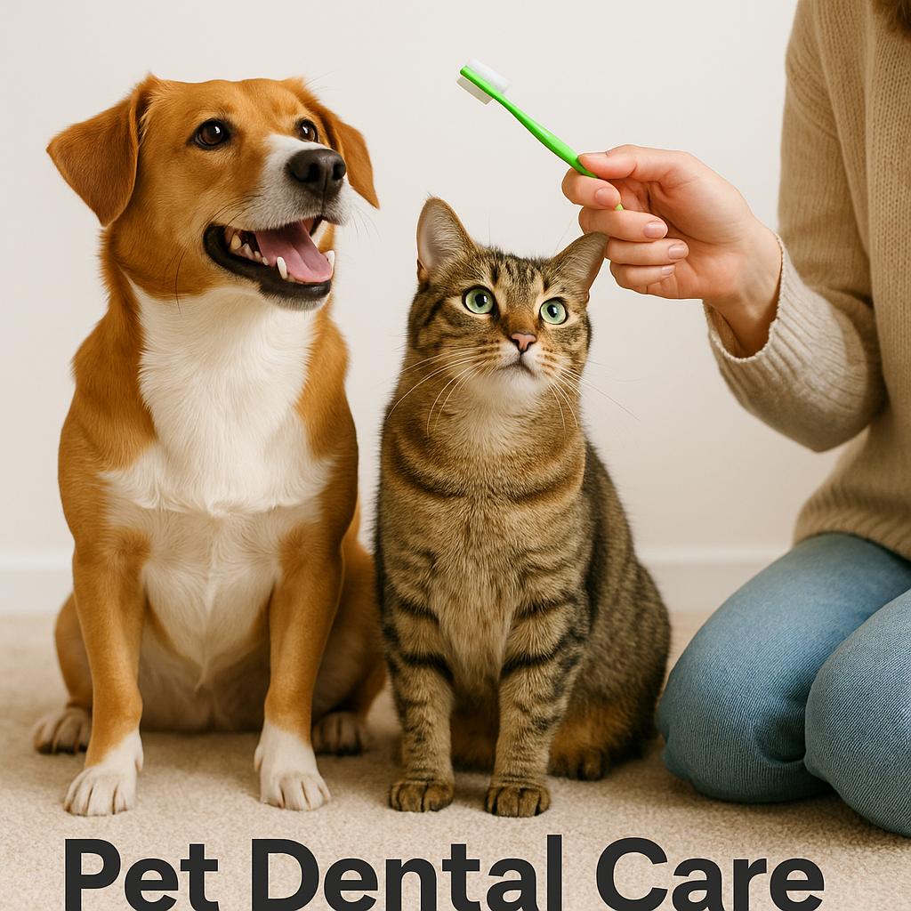 “A happy dog and cat sitting together while their owner holds a toothbrush, symbolizing pet dental care.”