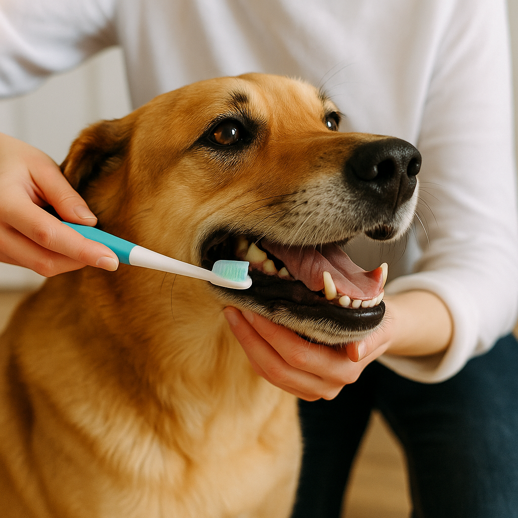“A dog having its teeth gently brushed by its owner using pet-safe toothpaste.”
