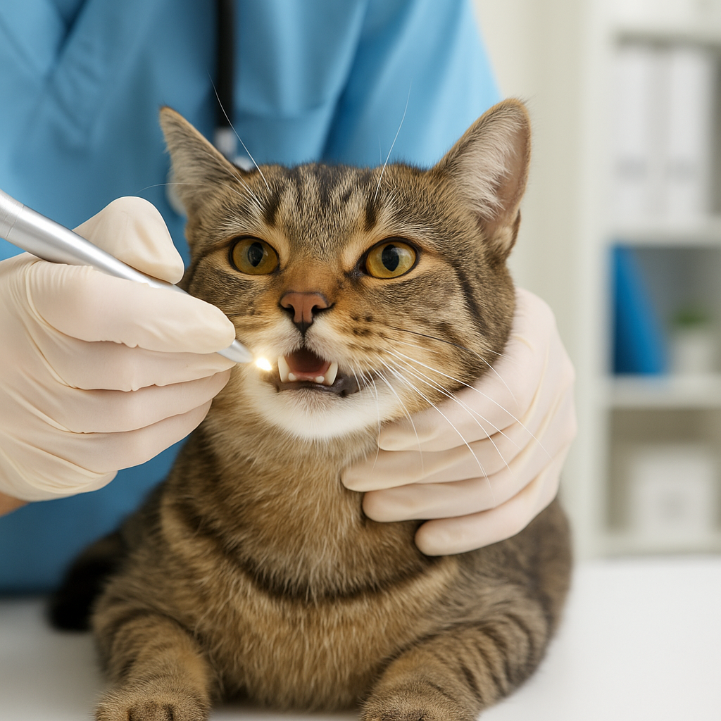 “A veterinarian examining a cat’s teeth during a professional dental check-up.”