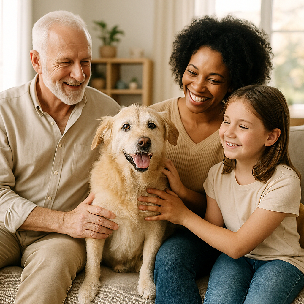 A senior dog sitting happily with its new family in a cozy home, symbolizing second chances through adoption