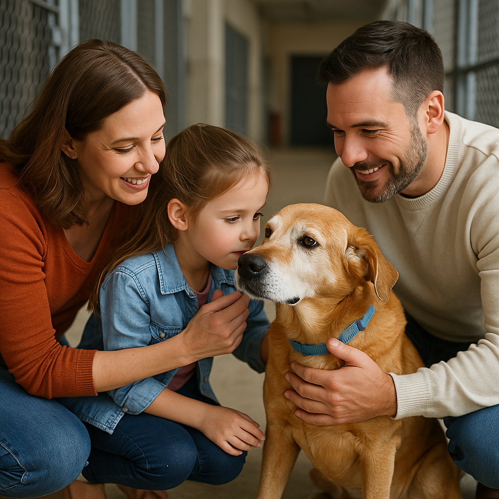 “A family meeting a senior dog at the animal shelter for the first time, filled with hope and compassion.”