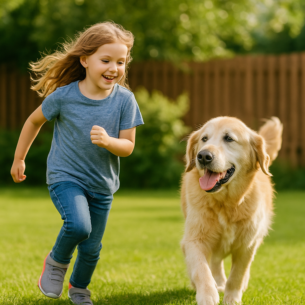 “A child playing joyfully with their newly adopted senior dog in the backyard, representing a forever home.”