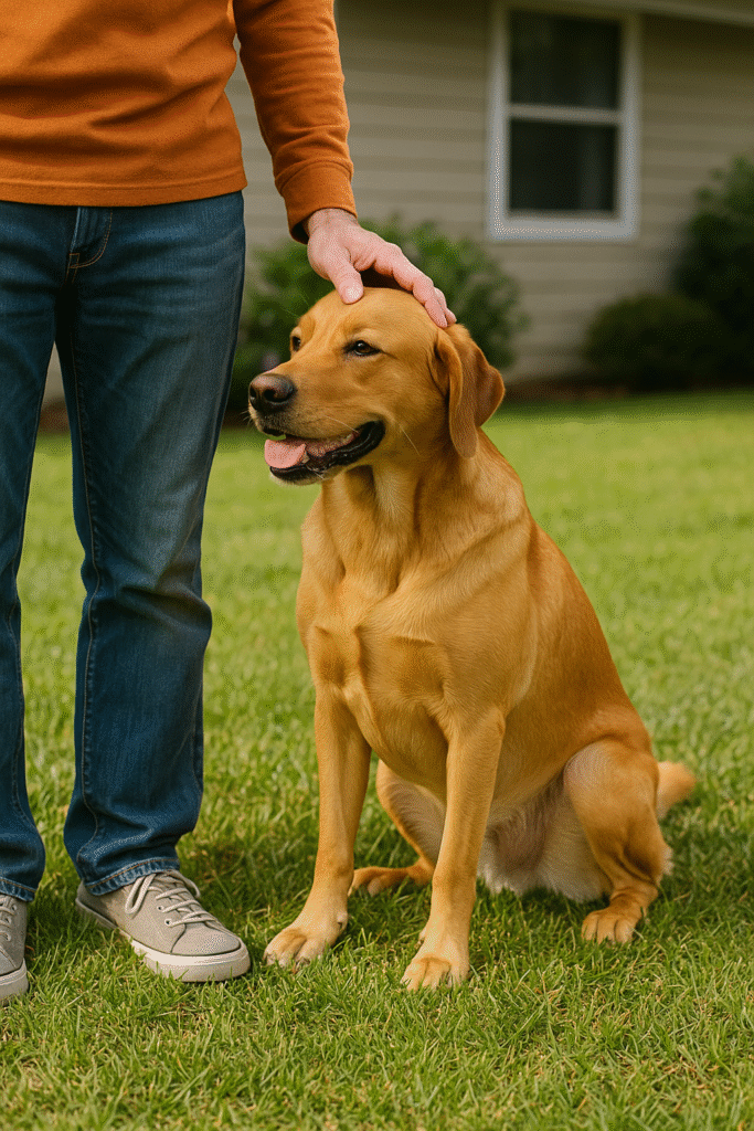 “A calm dog sitting beside its owner in the yard after training.”