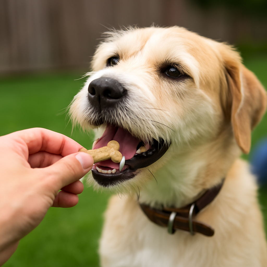 “A dog being rewarded with a treat for stopping barking.”
