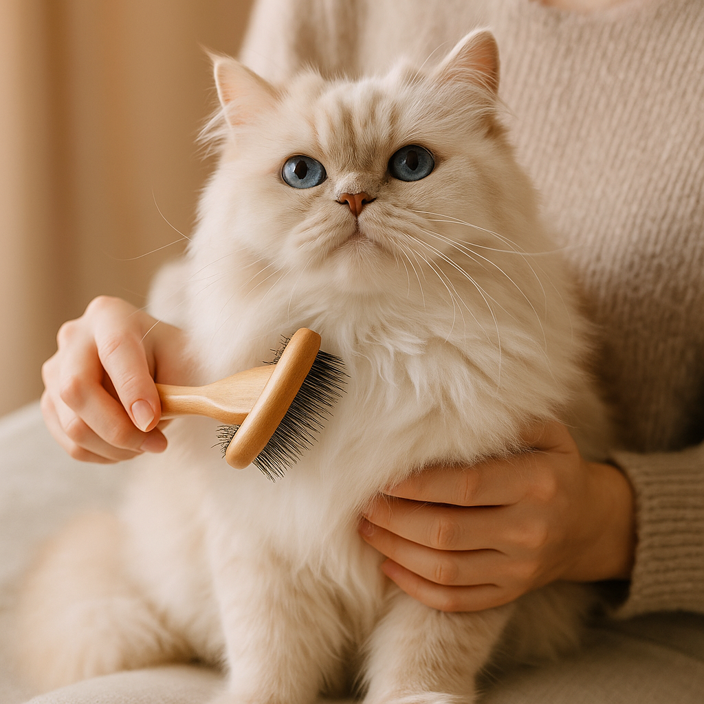 Persian cats grooming at home, owner brushing a fluffy Persian cat during a daily coat care routine.