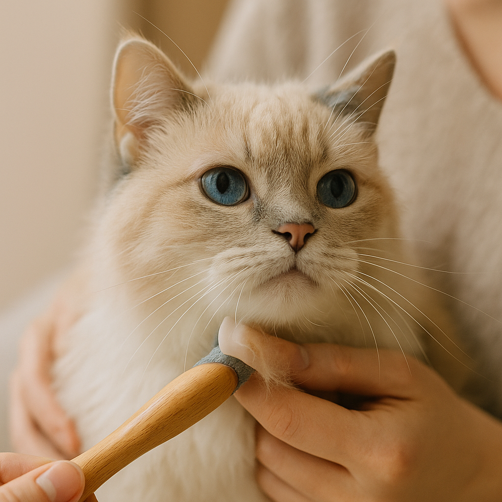 Owner gently brushing a cream-colored Persian cat with a slicker brush as part of daily Persian cat grooming.