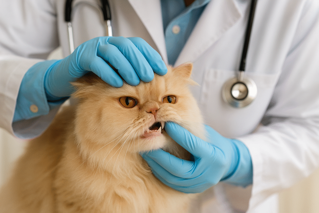 Veterinarian examining a Persian cat’s teeth with gloved hands during a professional health check-up.
