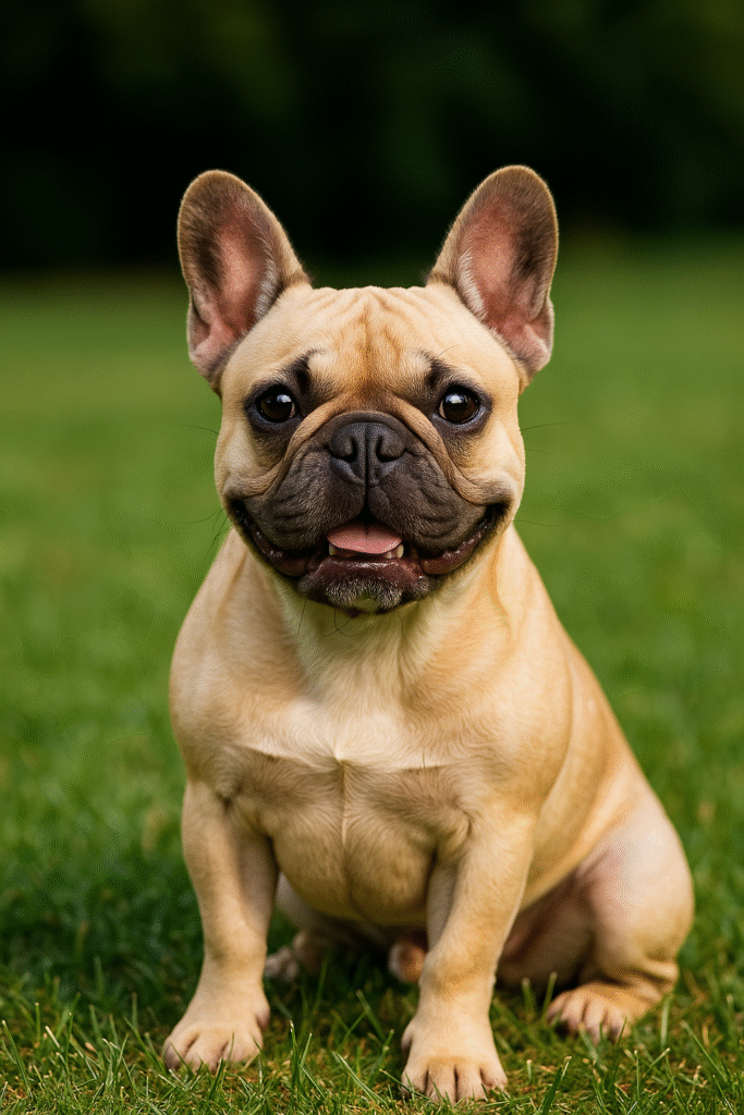 A French Bulldog sitting calmly on the grass in a park, looking attentive.