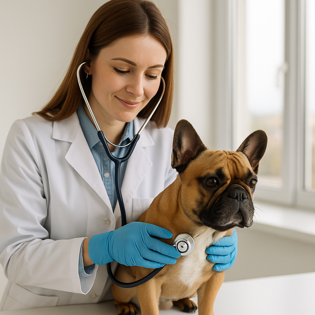 A veterinarian examining a French Bulldog with a stethoscope during a health check-up.