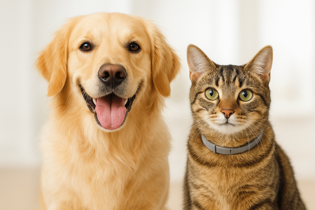 “A healthy dog and cat sitting together, free from fleas and ticks.”