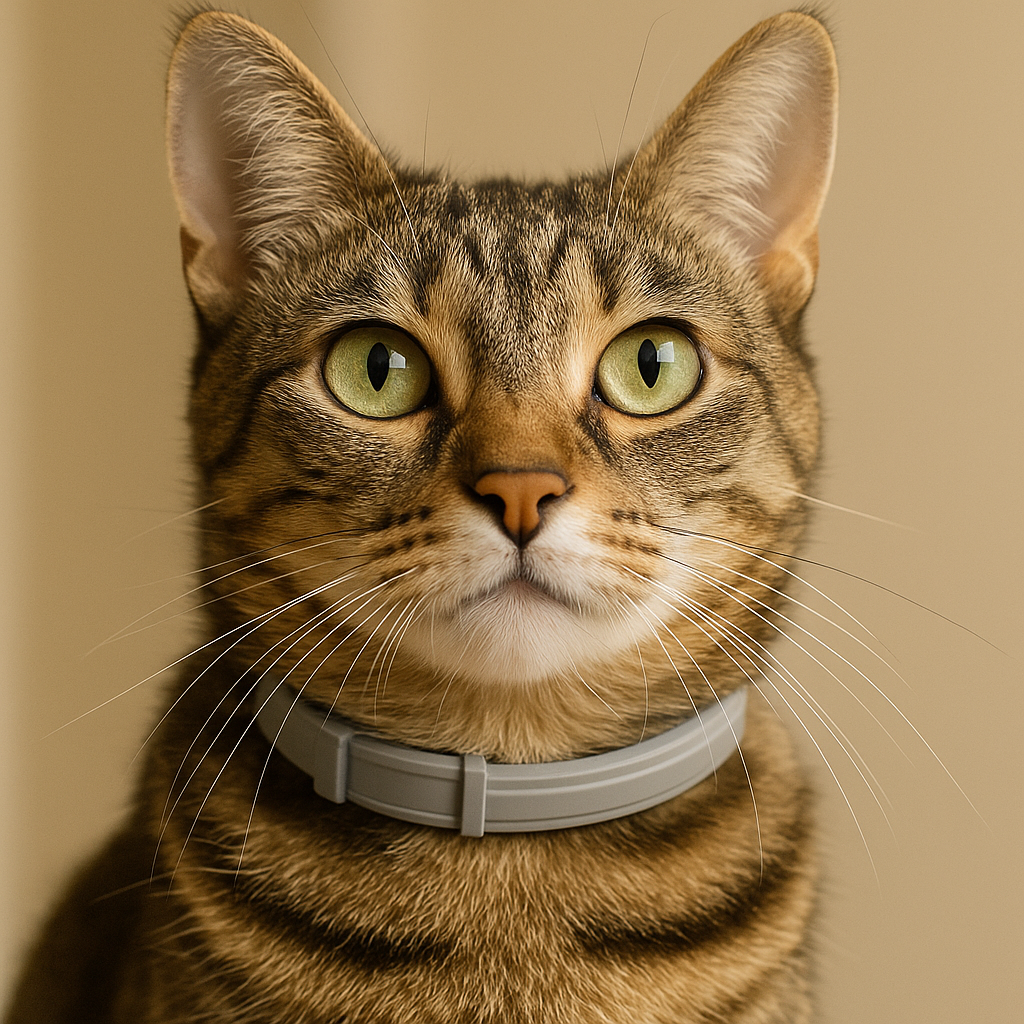 A cat wearing a modern flea and tick prevention collar.