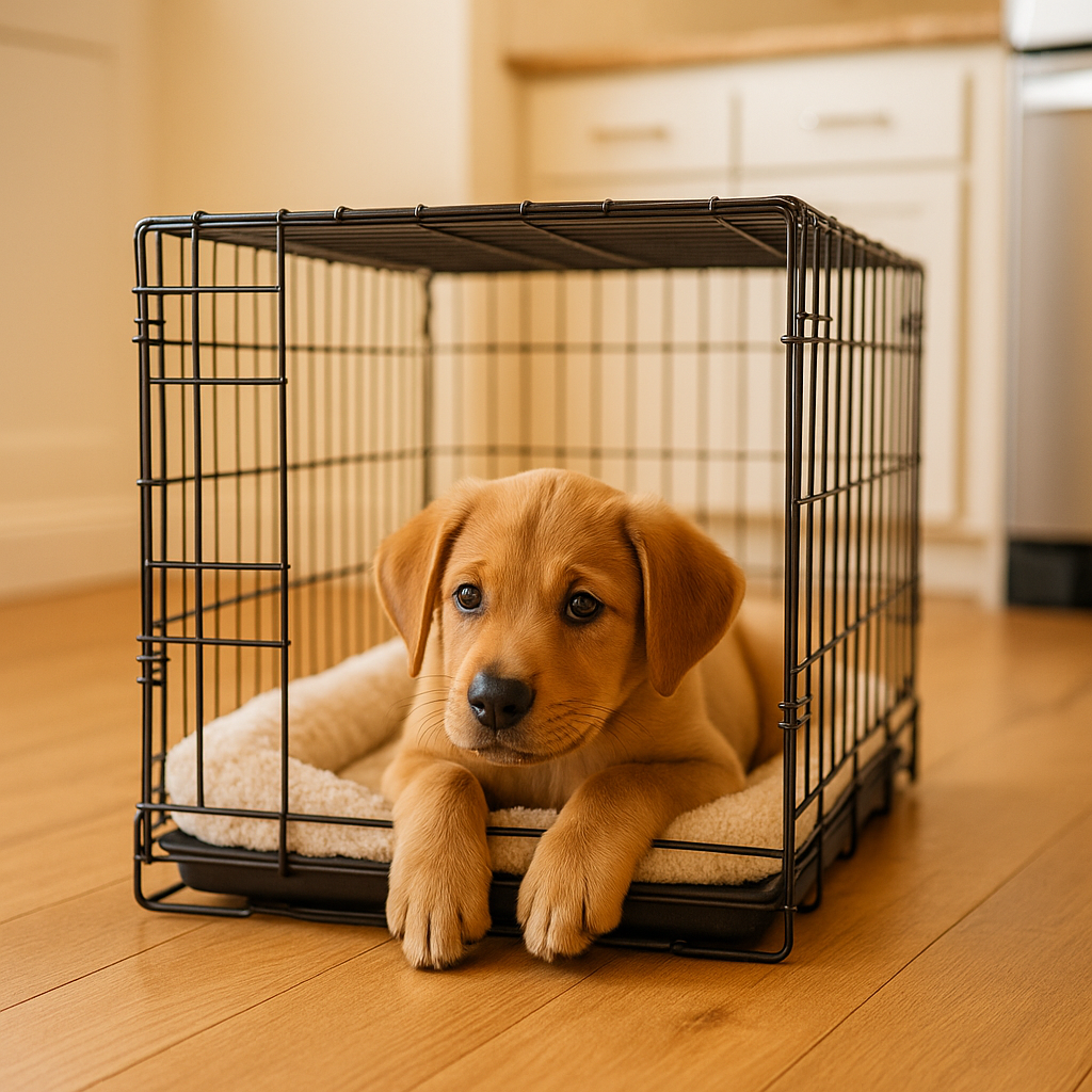 A puppy resting calmly inside a crate in a cozy home environment.