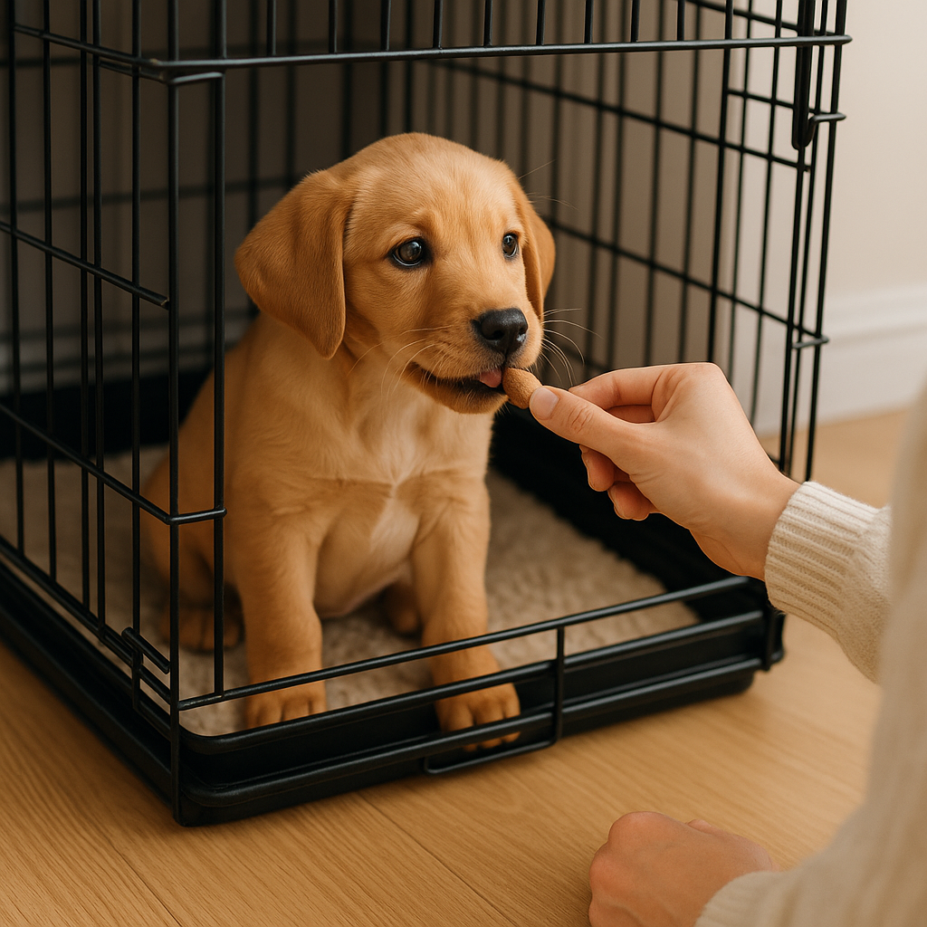 A puppy being rewarded with a treat for entering its crate during training