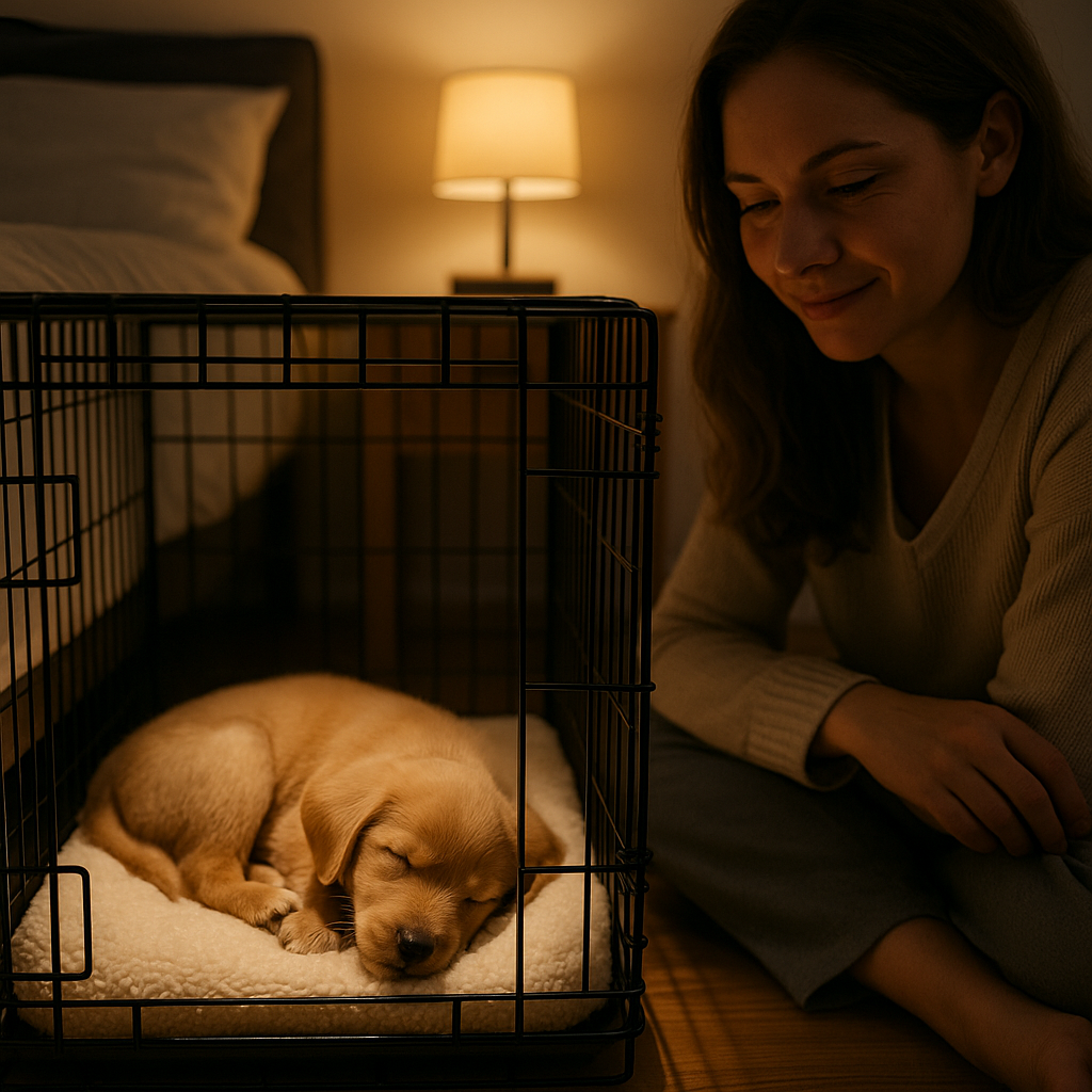 A puppy sleeping peacefully in its crate at night with the owner nearby