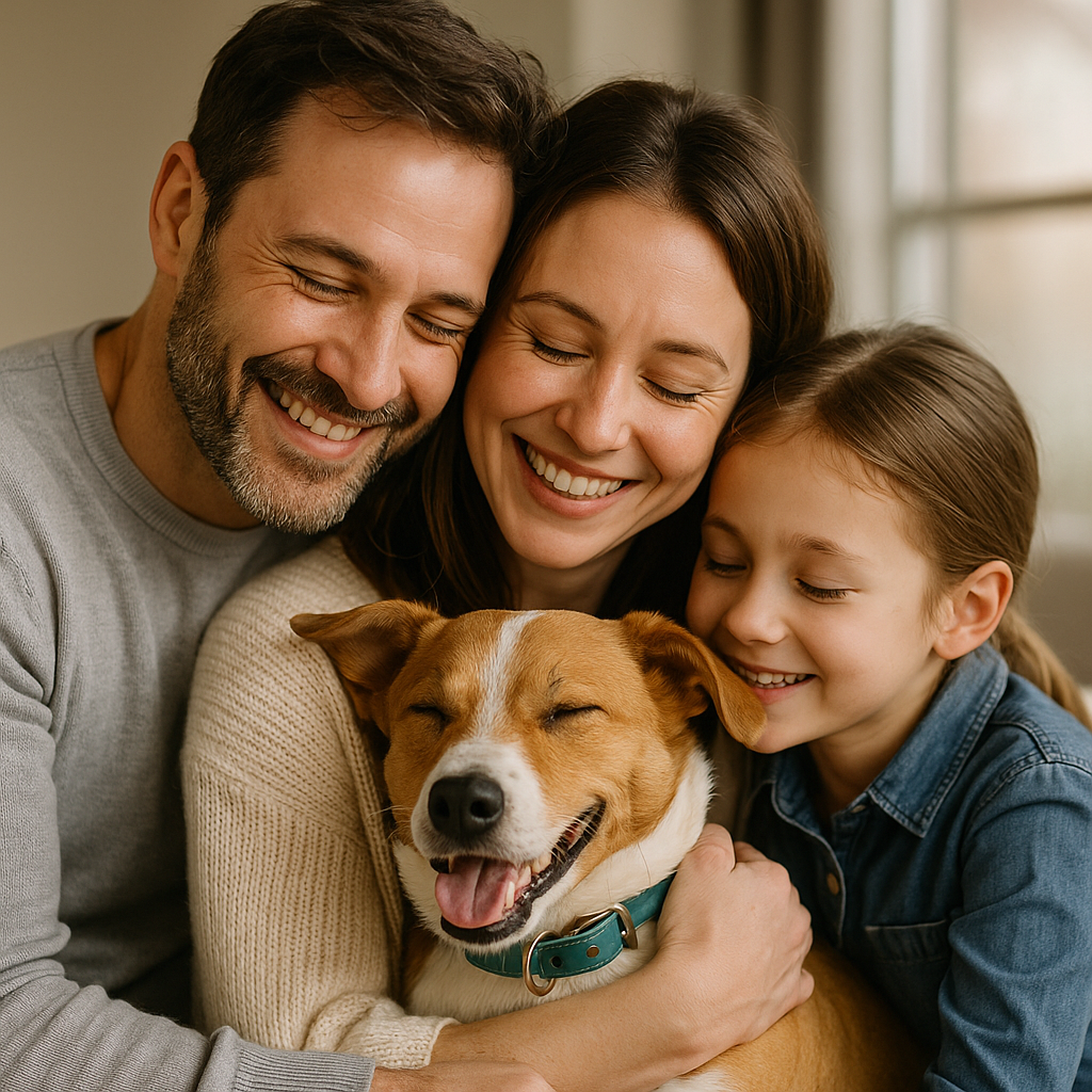 A rescued dog being lovingly embraced by its new family after adoption.