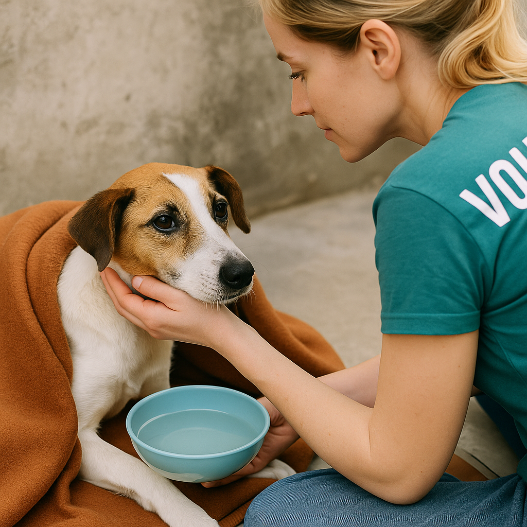 A volunteer caring for a rescued dog with a blanket and water, showing compassion.