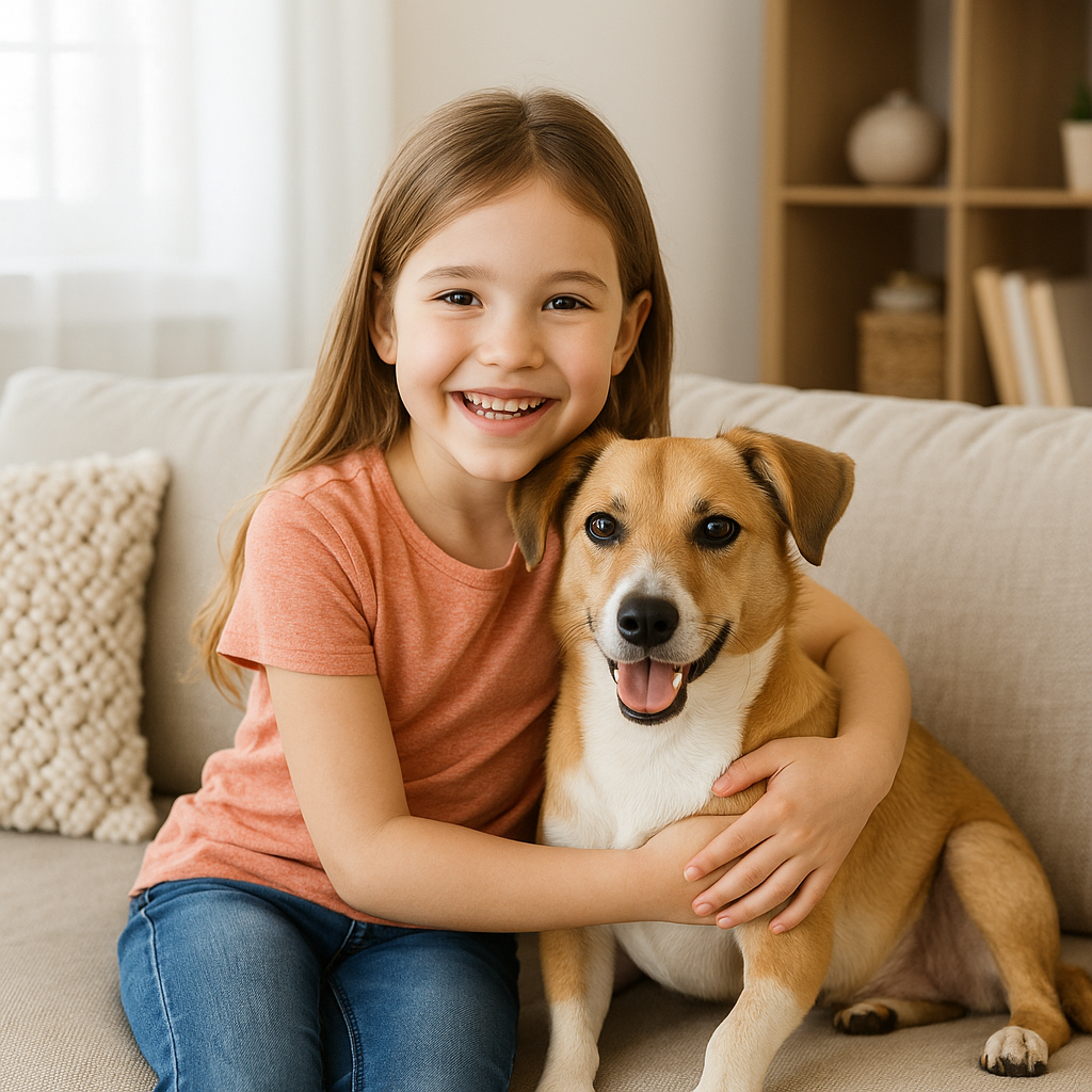 A child sitting in the living room with their newly adopted rescue dog, representing a forever home.