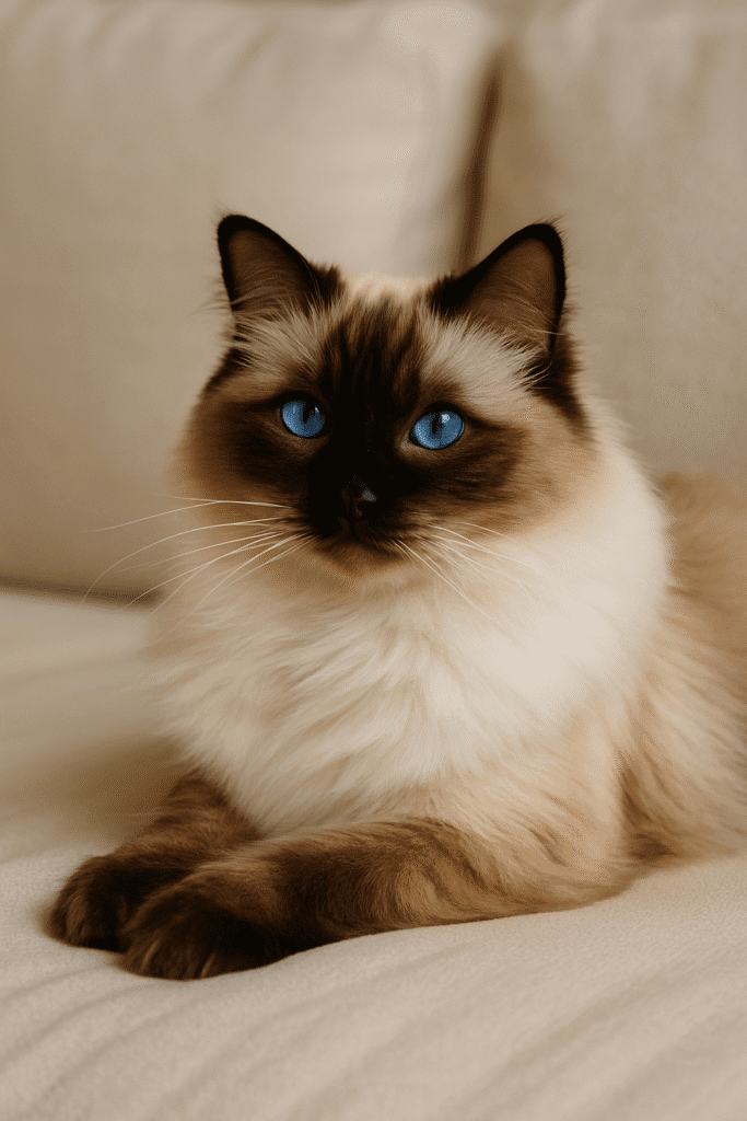 본문 이미지 1 (Grooming) 장면: 주인이 Ragdoll 고양이를 브러시로 빗어주는 장면 분위기: 따뜻하고 돌봄의 분위기 ALT 텍스트 (영문): “A Ragdoll cat being gently brushed by its owner during grooming.