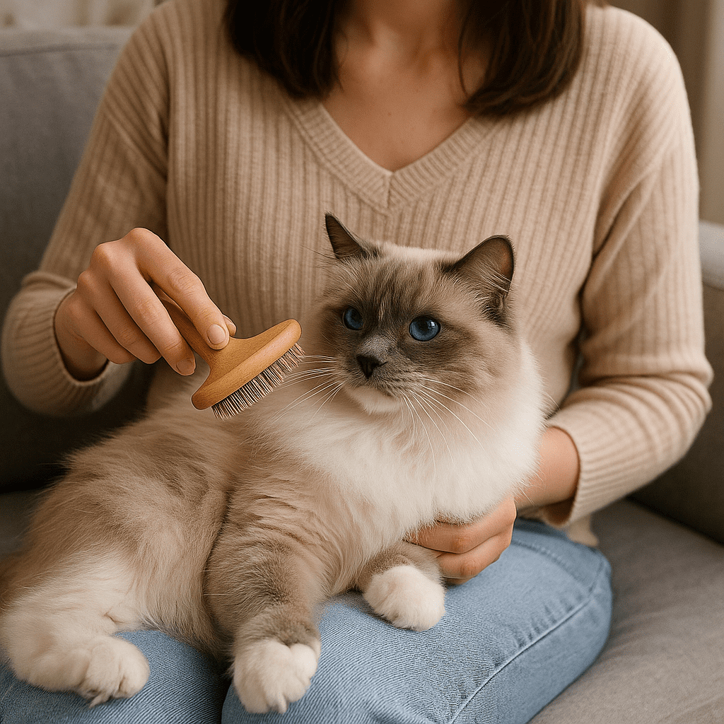 A Ragdoll cat being gently brushed by its owner during grooming.