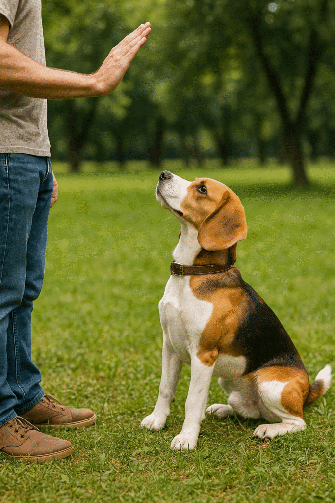 A Beagle being trained to sit by its owner using hand signals during obedience training.