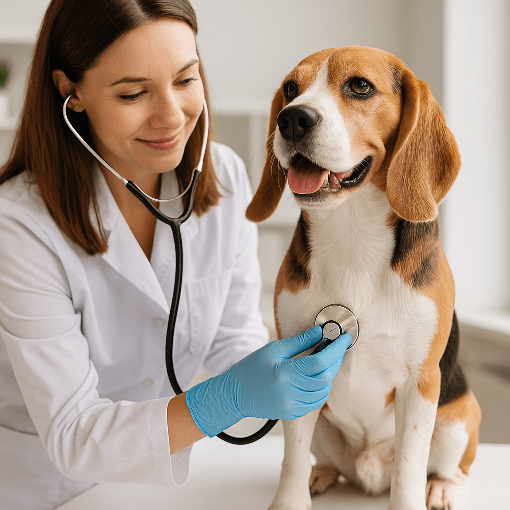 A veterinarian examining a Beagle’s health with a stethoscope during a routine check-up.