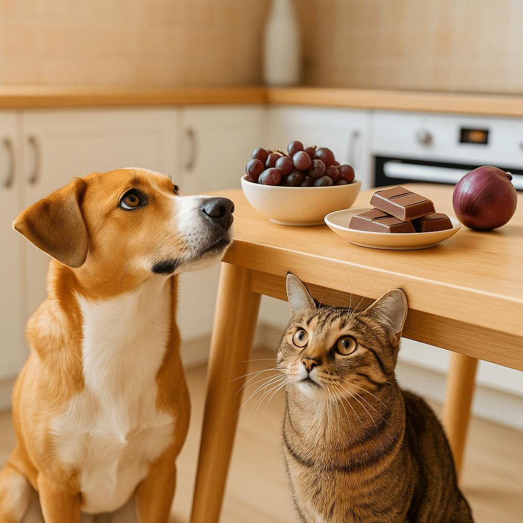 Dog and cat sitting near a kitchen table with toxic foods like chocolate and grapes, representing food safety risks.