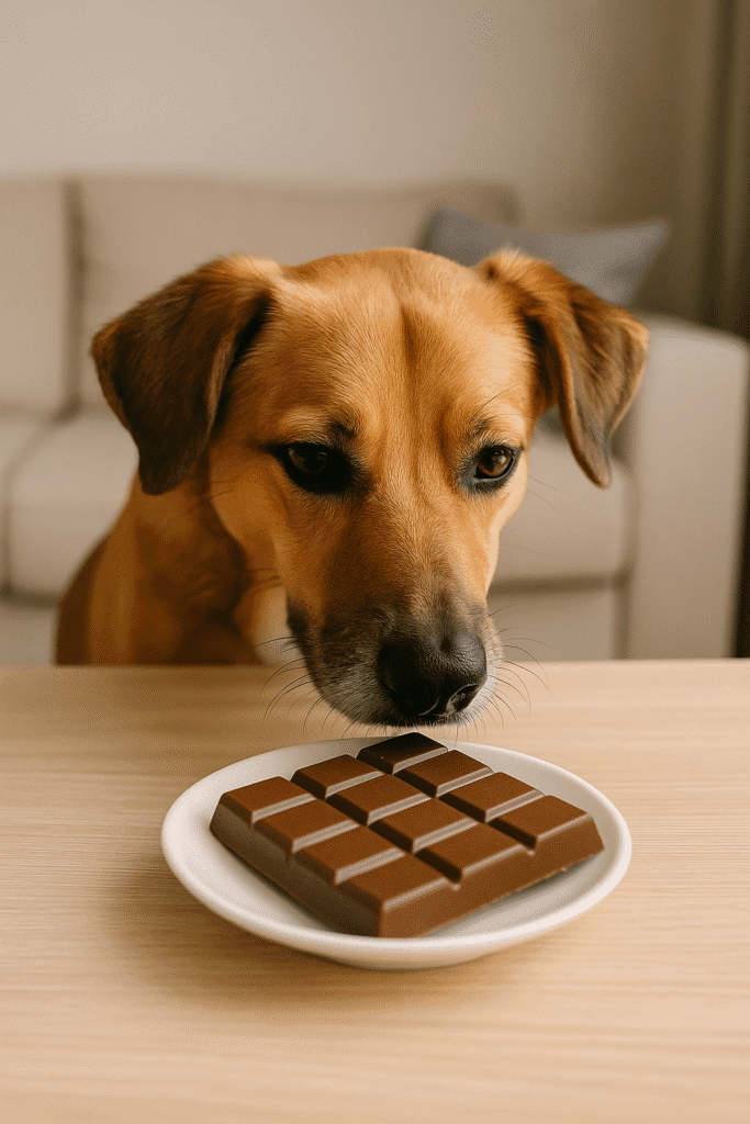 A dog sniffing chocolate on the table, highlighting the danger of toxic foods.