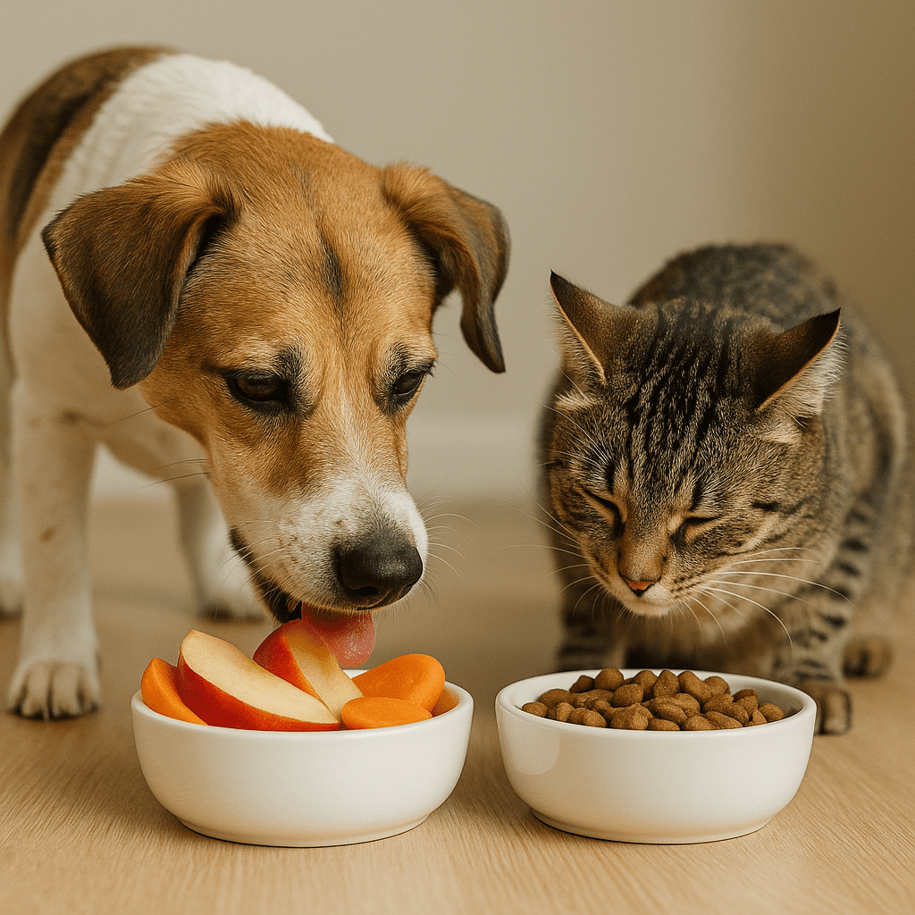 A dog and cat happily eating safe foods like apples and carrots, promoting healthy alternatives.
