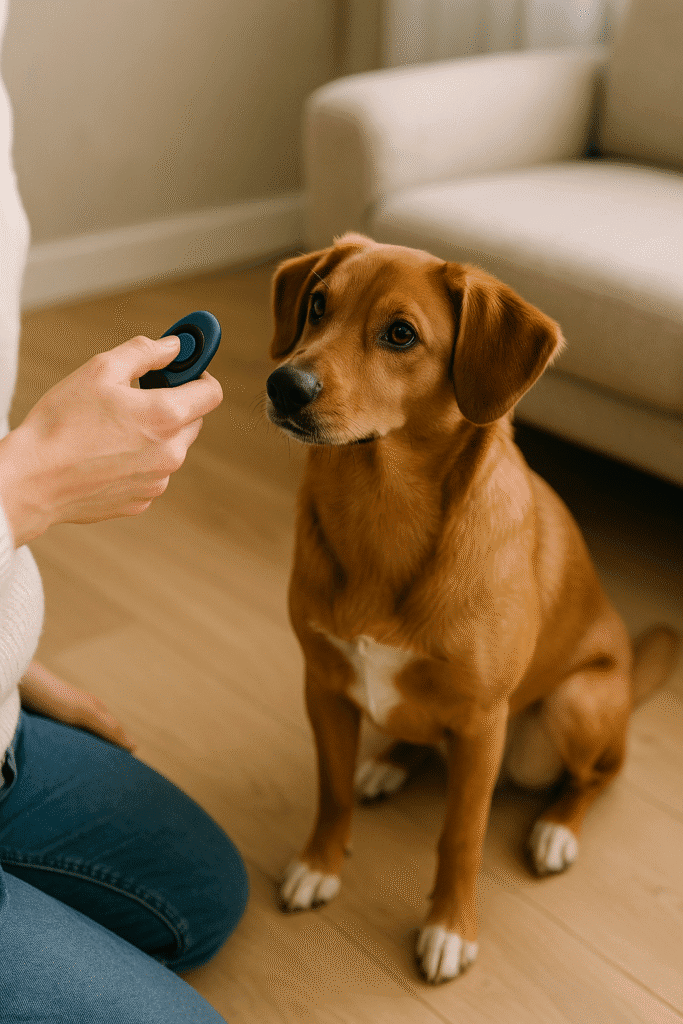 A dog attentively watching its owner holding a clicker during training.