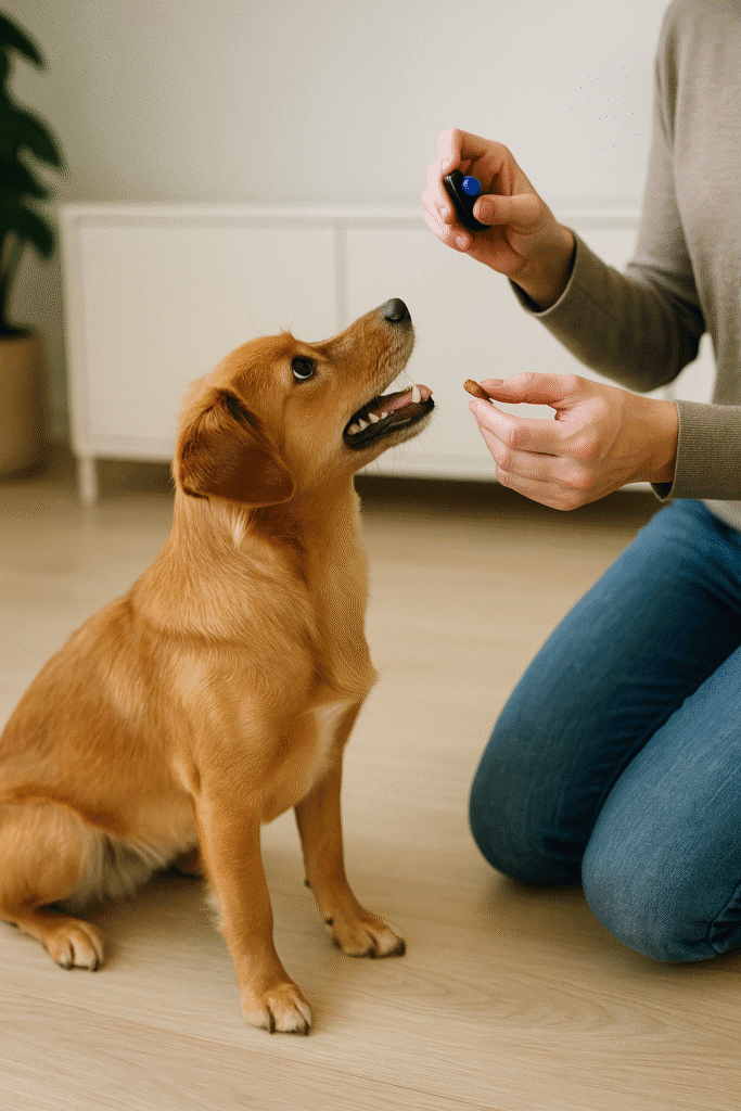 A dog being rewarded with a treat after a clicker sound during sit training.
