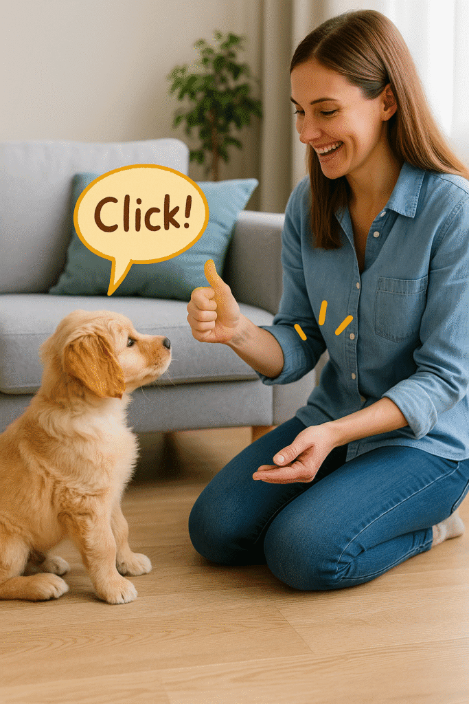 A puppy responding to clicker training by sitting while the owner praises.