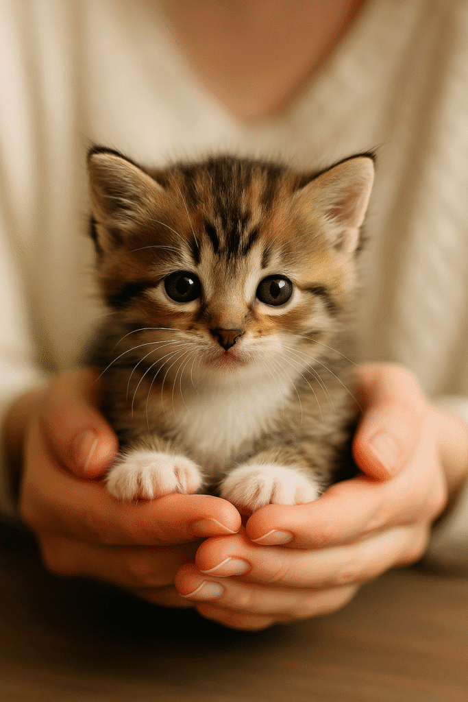 A rescued kitten being gently held by a volunteer, symbolizing survival and hope.