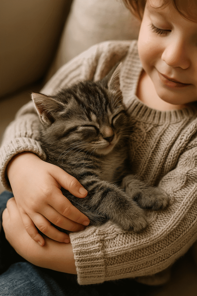 A rescued kitten sleeping peacefully in the arms of a child in its forever home.
