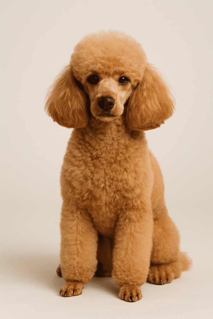 A well-groomed Poodle sitting gracefully on a clean background.