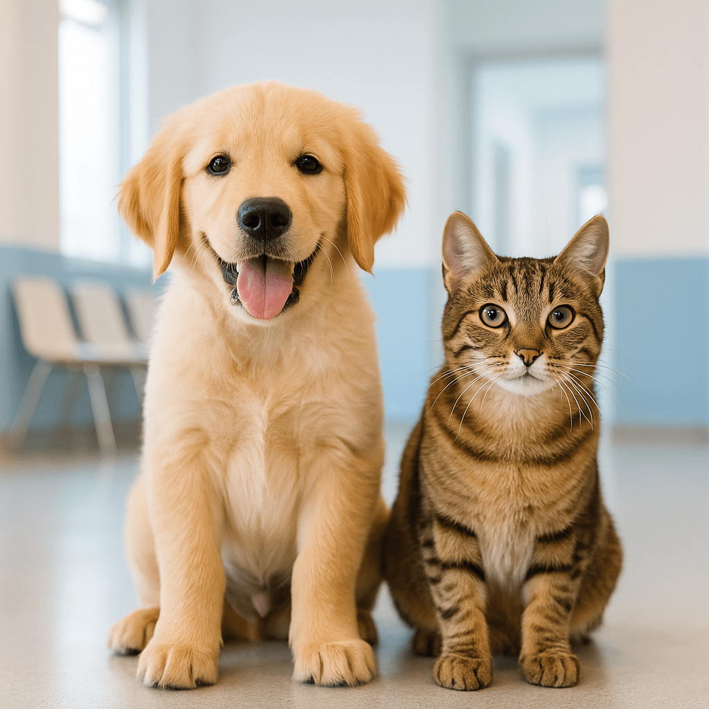A healthy dog and cat sitting together at a veterinary clinic, representing the importance of pet vaccines.